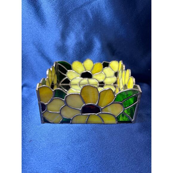 Vintage Stain Glass Yellow Flower Design with Mirror Bottom Trinket Dish - Picture 2 of 5